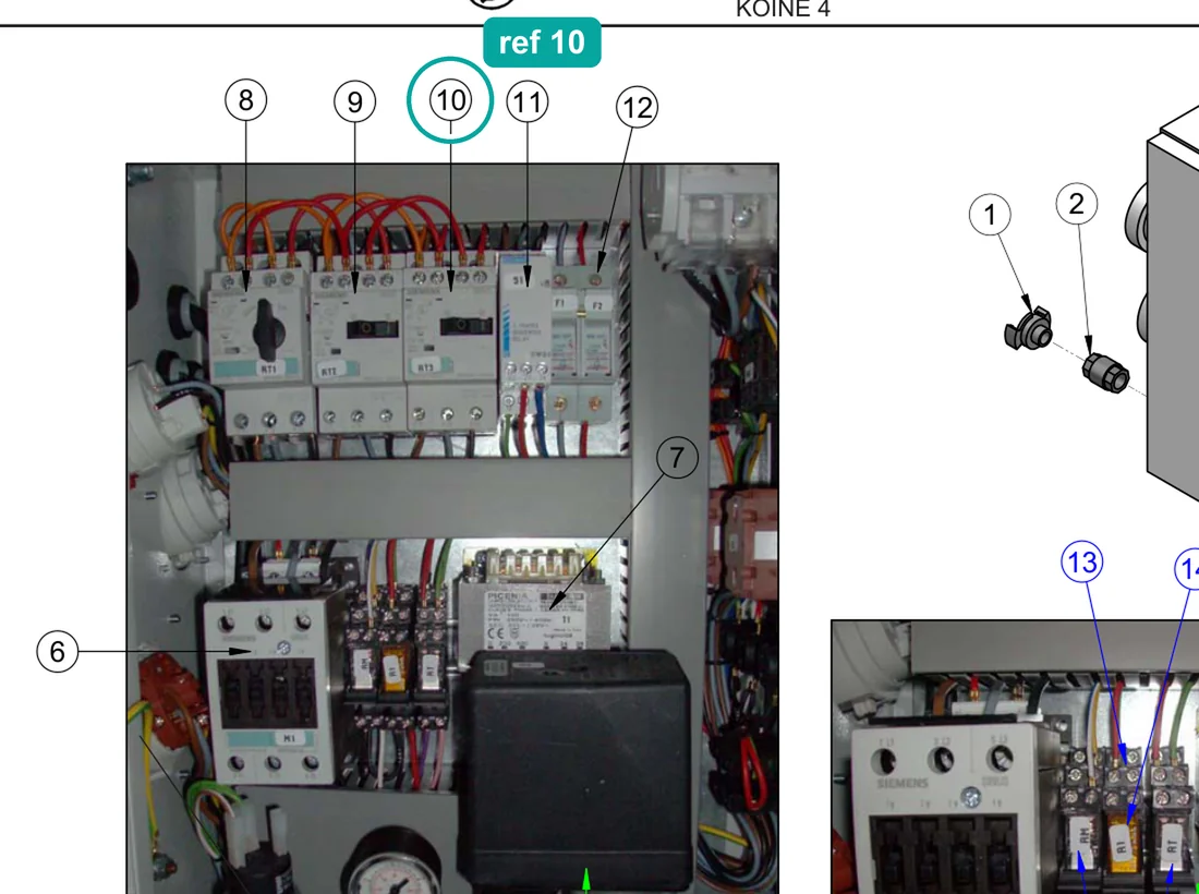 Thermal cutout 1.6-2.5 a (ref 10) highlighted on the IMER Koine 4 parts diagram, Electrical Panel – part 3225225