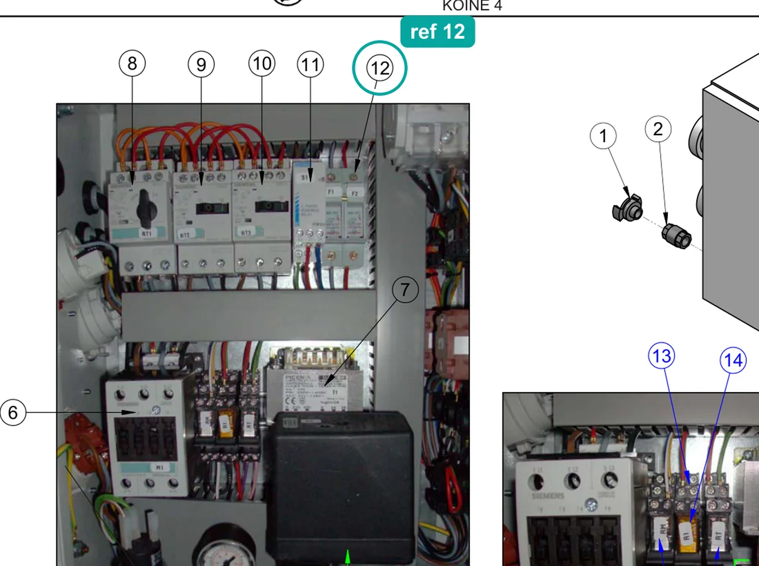 Fuse holder 32A 10×38 (ref 12) highlighted on the IMER Koine 4 parts diagram, Electrical Panel – part 3225233