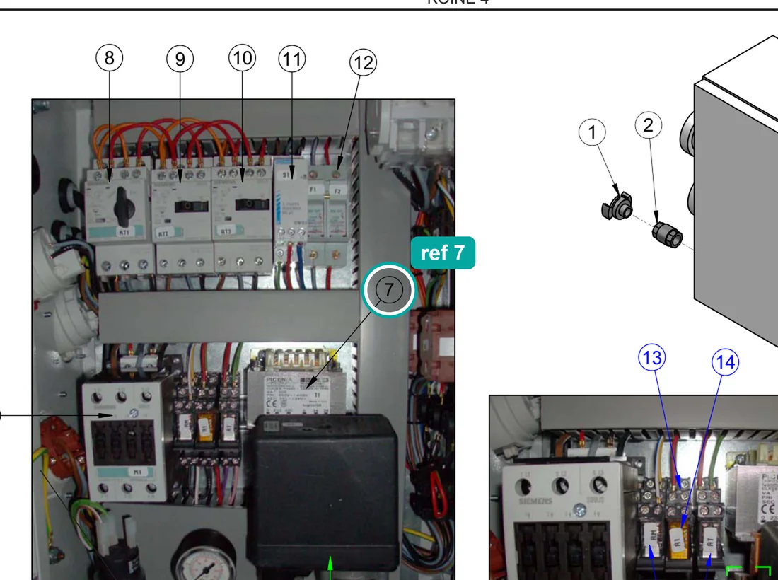 Transformer 100VA 230-400/24-28V (ref 7) highlighted on the IMER Koine 4 parts diagram, Electrical Panel – part 3225236