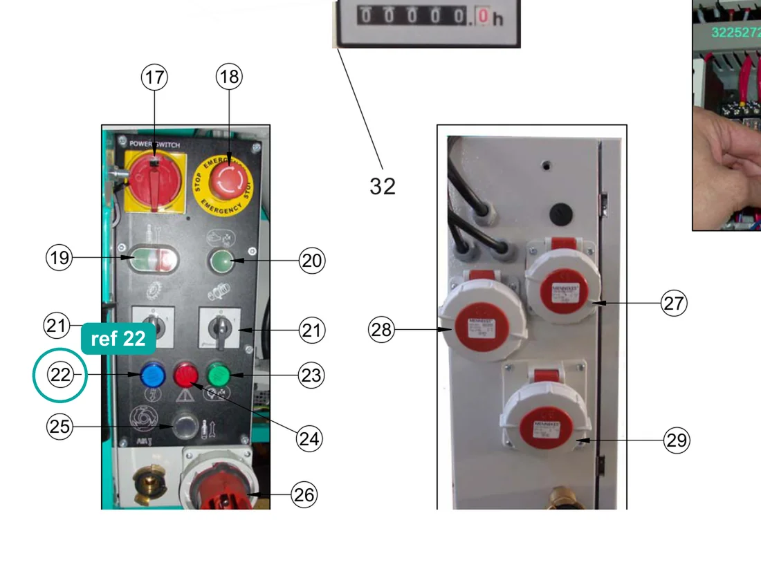 Lamp holder assembly blue 24V (ref 22) highlighted on the IMER Koine 4 parts diagram, Electrical Panel – part 3225241