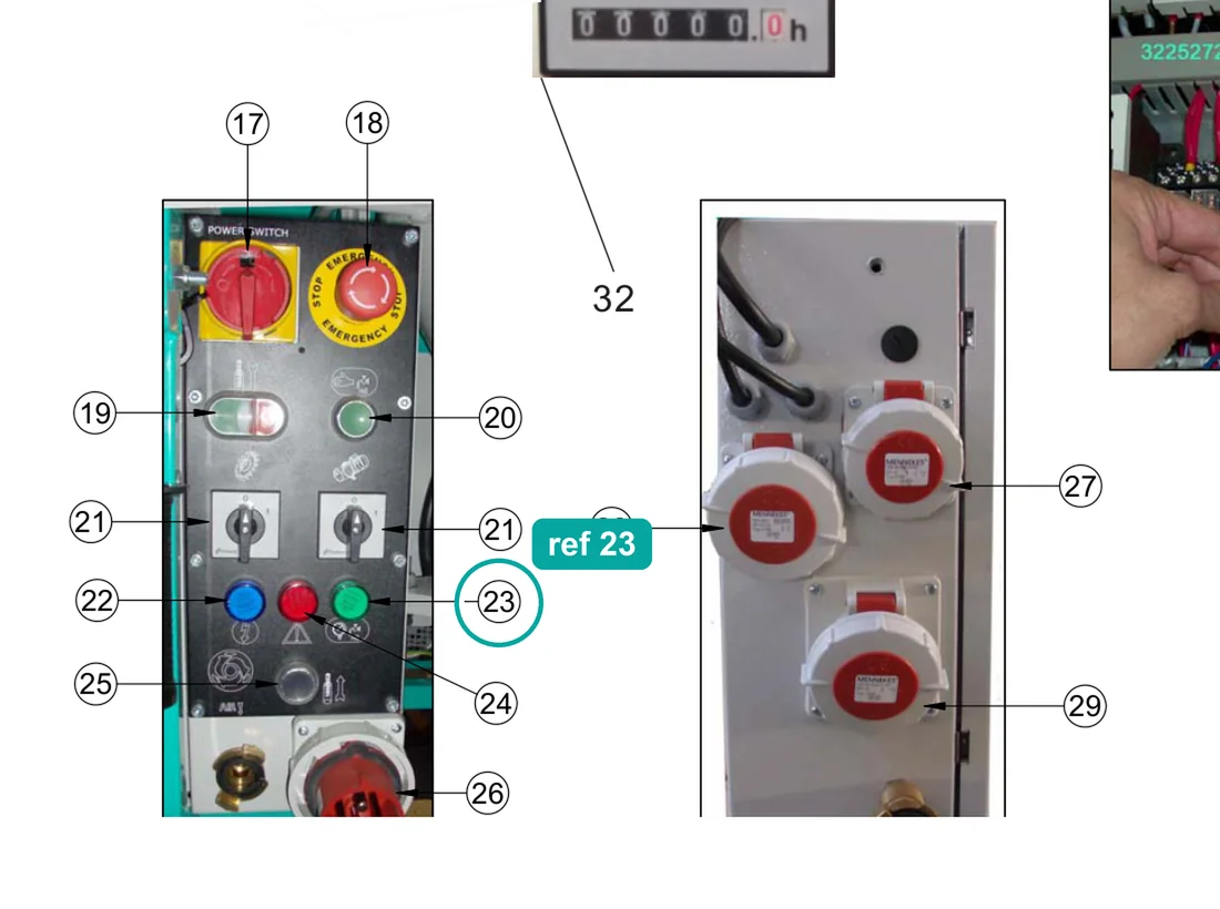 Lamp holder assembly green 24V (ref 23) highlighted on the IMER Koine 4 parts diagram, Electrical Panel – part 3225243