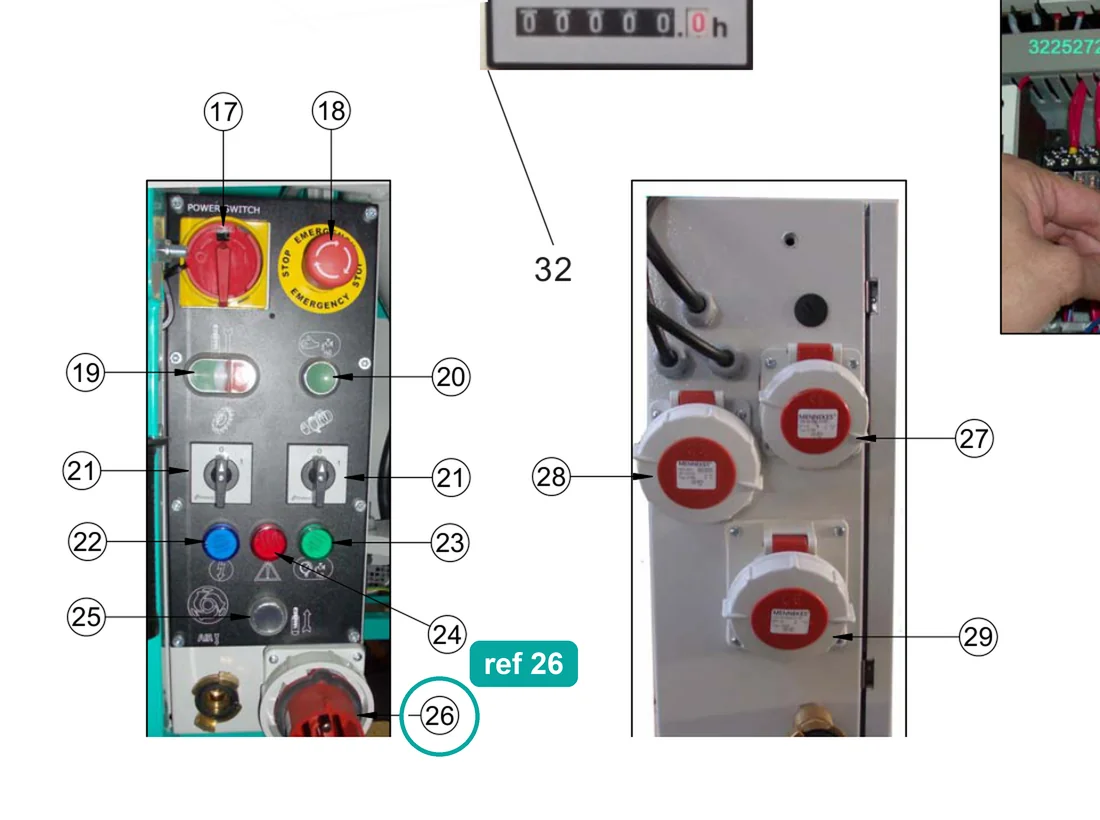 Straight connector 32A 3P+E 380V IP67 (ref 26) highlighted on the IMER Koine 4 parts diagram, Electrical Panel – part 3225244