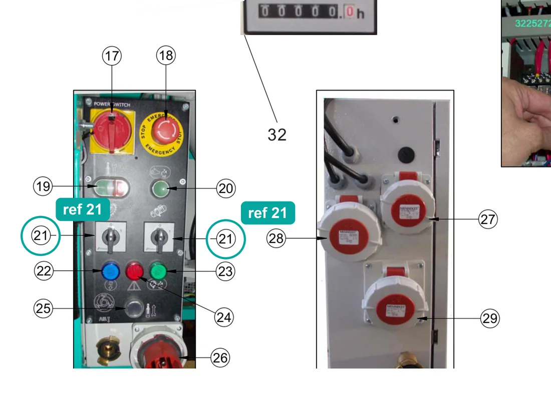 Switch 600V/20A 3P (ref 21) highlighted on the IMER Koine 4 parts diagram, Electrical Panel – part 3225250