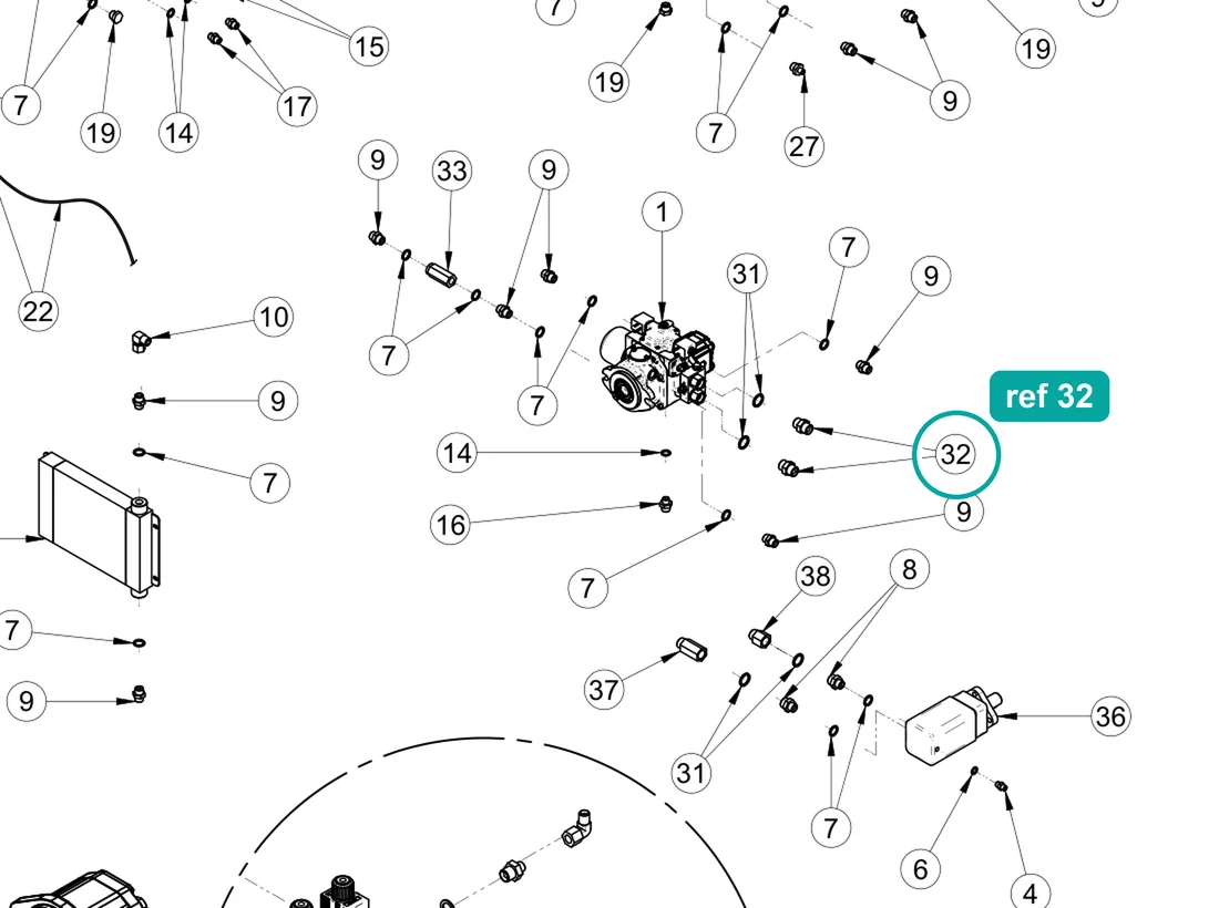 Cyl. hydraulic nipple 3/4" 60° (ref 32) highlighted on the IMER Prestige 300 parts diagram, Hydraulic System Connections Assembly – part 3225620