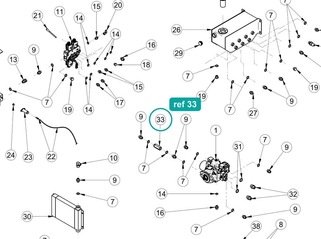 Hydraulic non-return valve 1/2" f.f. setting 2 bar (ref 33) highlighted on the IMER Prestige 300 parts diagram, Hydraulic System Connections Assembly – part 3225634
