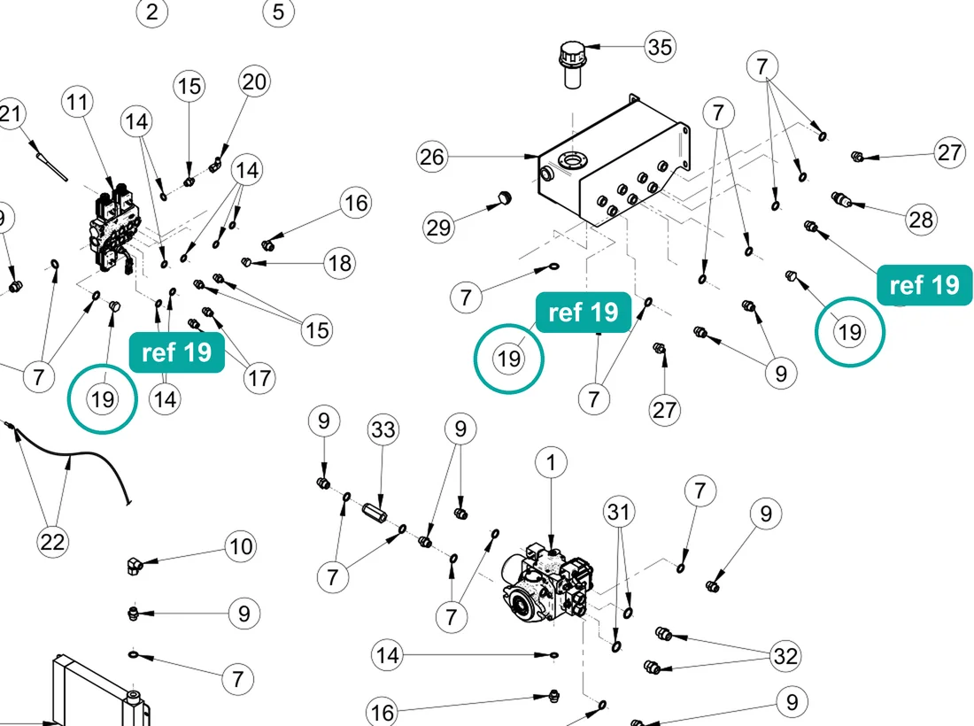 Hydraulic hex plug 1/2" 60° (ref 19) highlighted on the IMER Prestige 300 parts diagram, Hydraulic System Connections Assembly – part 3225640