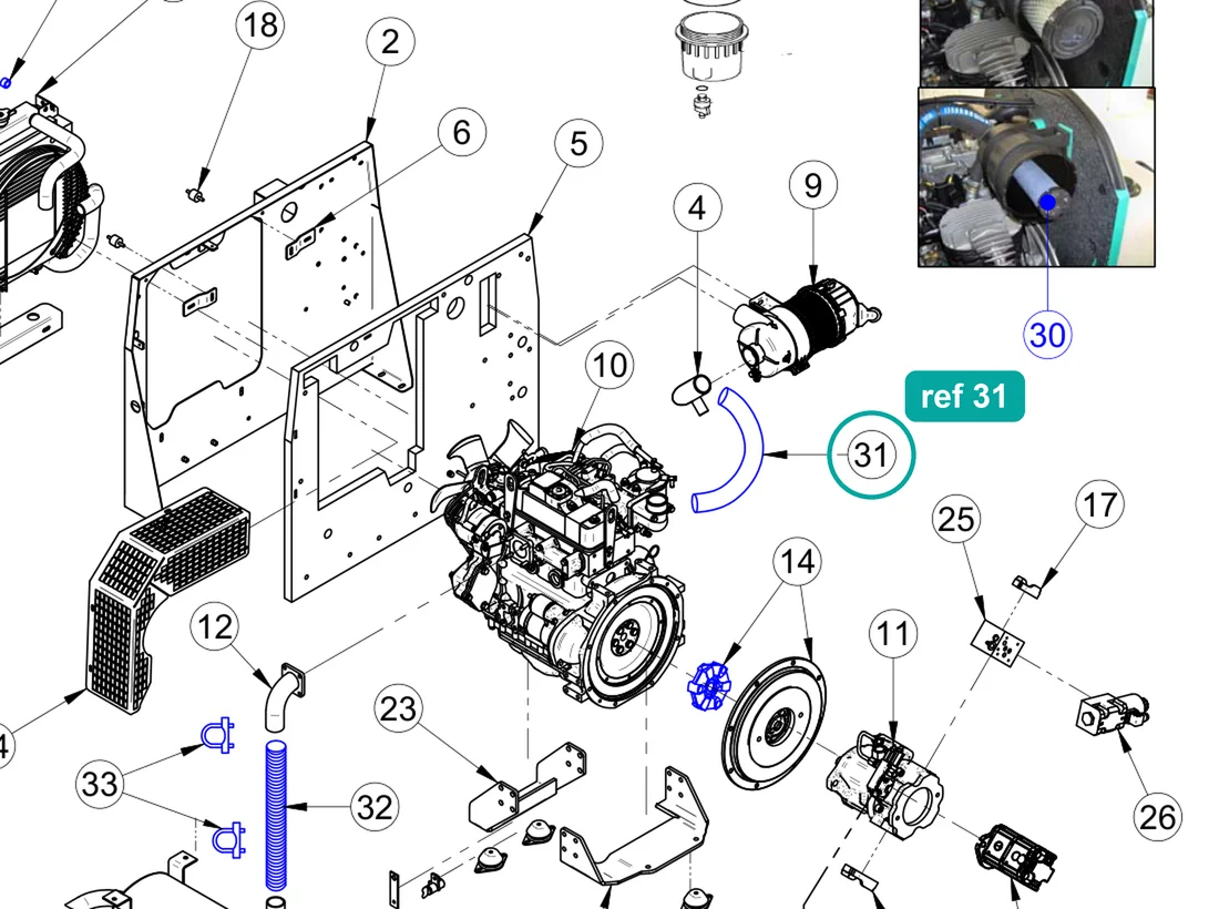 Diesel engine suction pipe int. diam 51 L.330mm (ref 31) highlighted on the IMER Booster 15 parts diagram, Engine and Hydraulic Pump Assembly – part 3225679