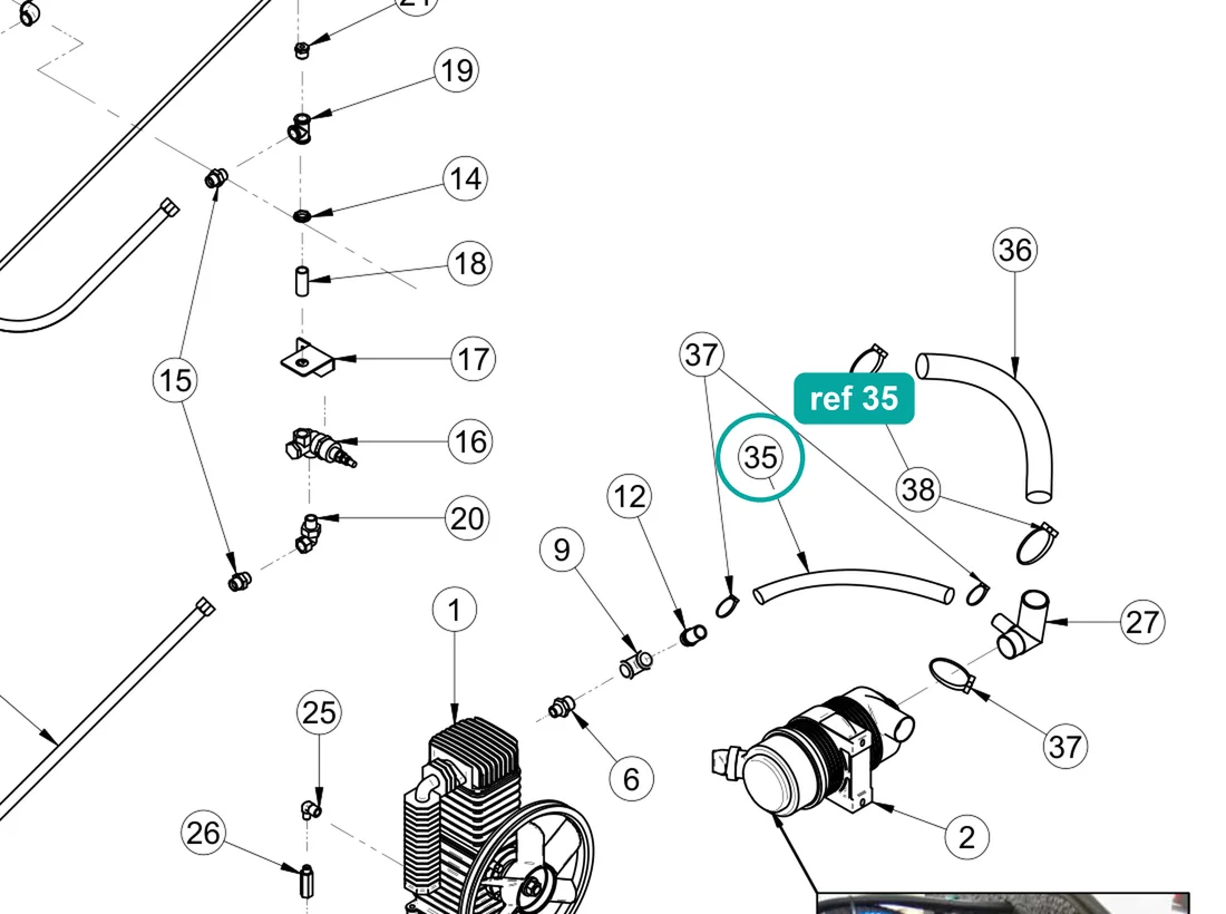 Compressor suction pipe int. diam 25 L.120mm (ref 35) highlighted on the IMER Prestige 300 parts diagram, Pneumatic Circuit – part 3225680