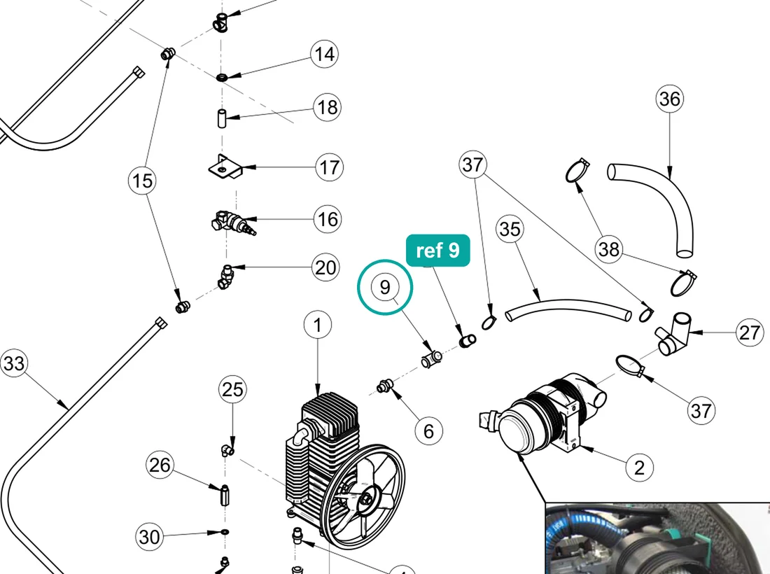 90° elbow 3/4" f.f. (ref 9) highlighted on the IMER Prestige 300 parts diagram, Pneumatic Circuit – part 3225738