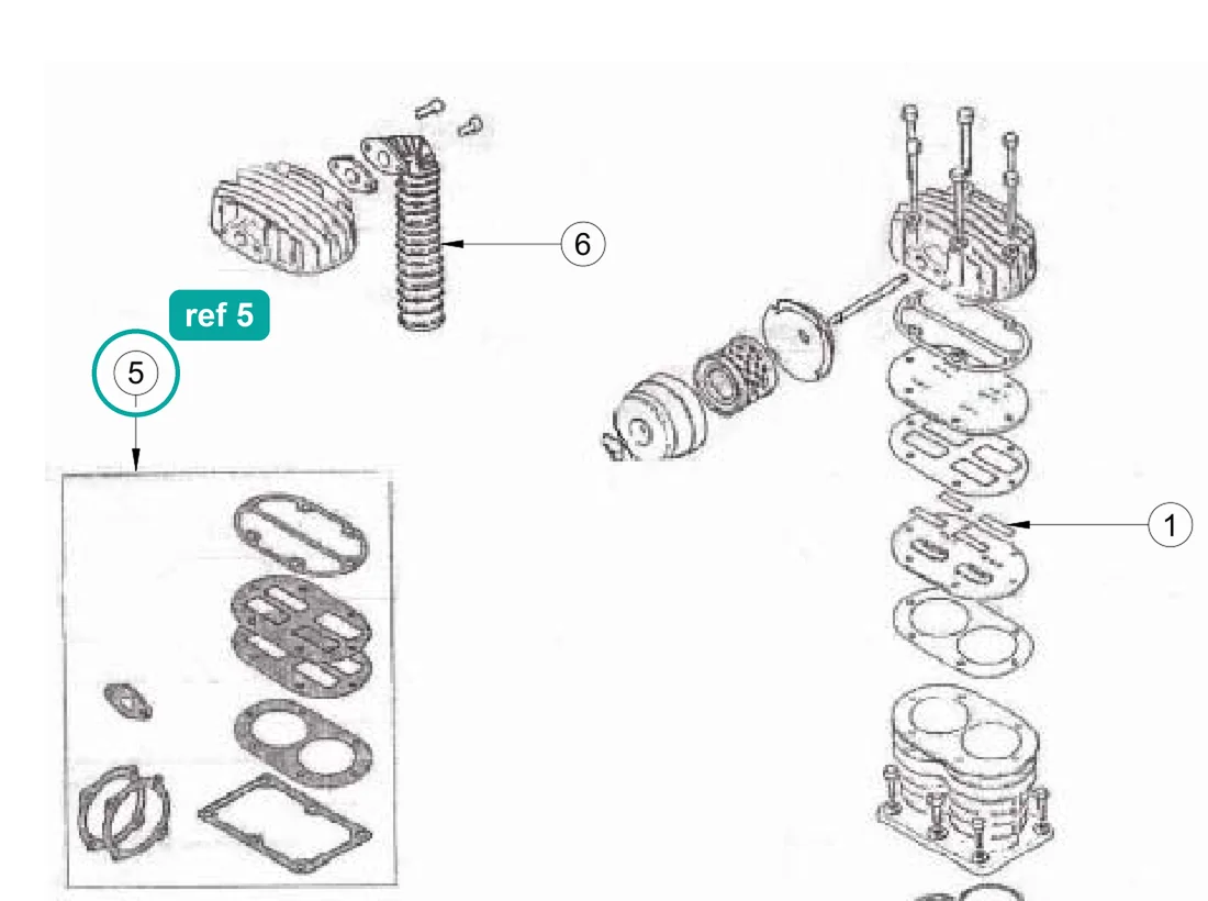 Gasket kit (ref 5) highlighted on the IMER Prestige 300 parts diagram, Compressor – part 3225909