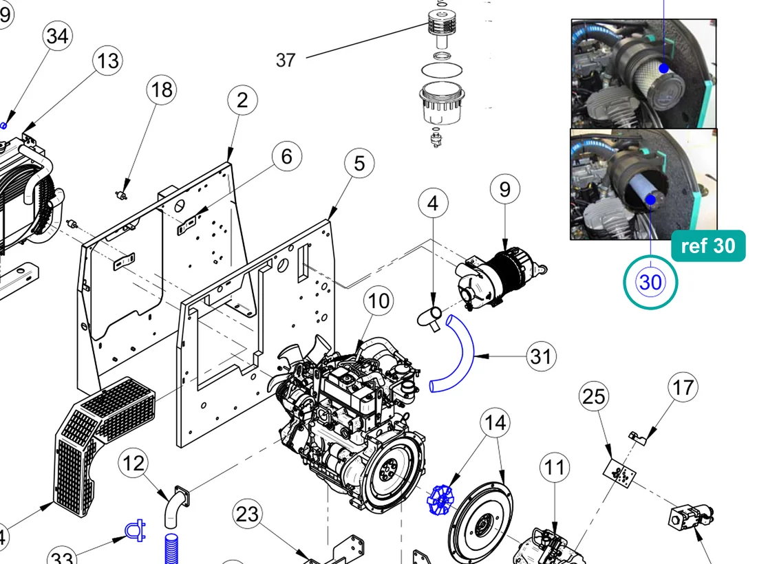 Safety air filter cartridge (ref 30) highlighted on the IMER Booster 15 parts diagram, Engine and Hydraulic Pump Assembly – part 3225926