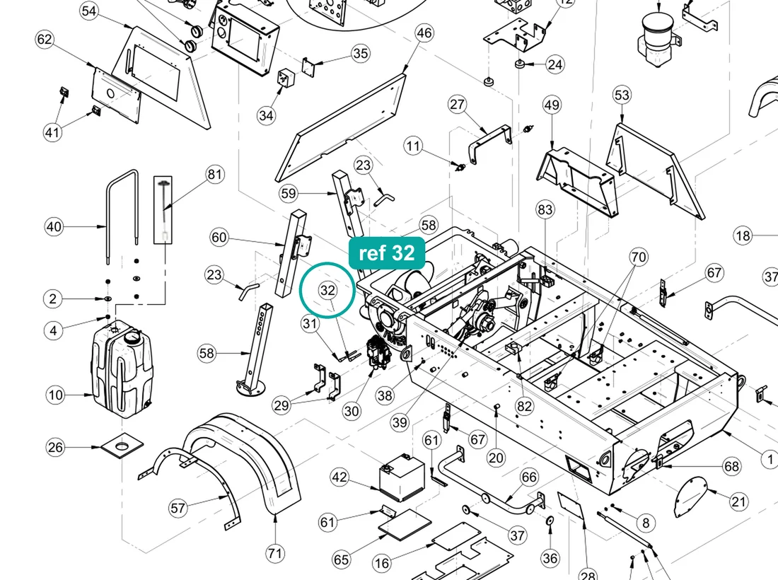Lever (ref 32) highlighted on the IMER Booster 15 parts diagram, Machine Frame and Bodywork – part 3225959