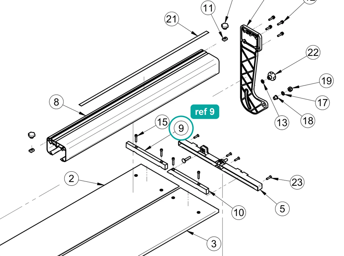 Right fence (ref 9) highlighted on the IMER Combicut 200 VA parts diagram, Machine Structure – part 3226071