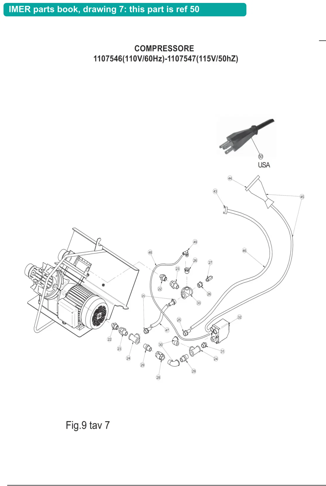 Power Cable + Plug for IMER Small 50 (IMER parts book drawing 7, ref 50)