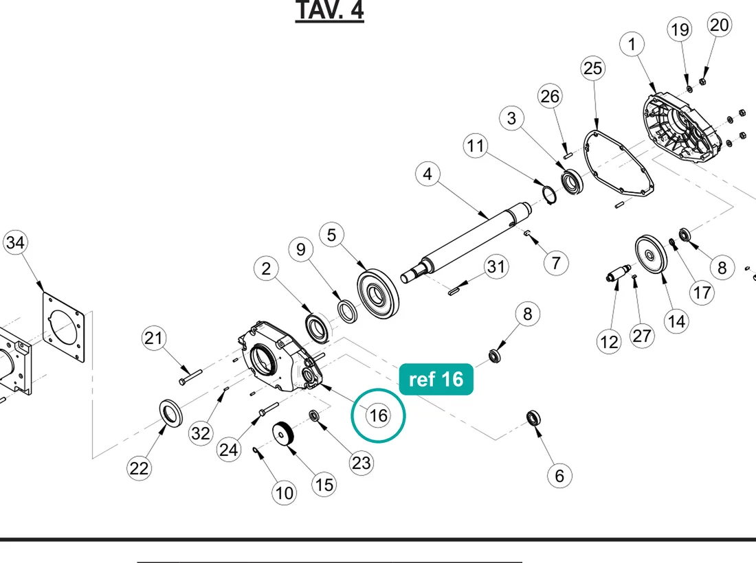 Gear box casing (ref 16) highlighted on an IMER parts-book drawing – part 3226386