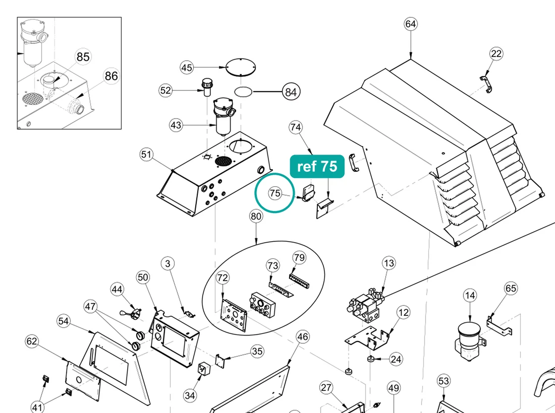 Aerial (ref 75) highlighted on the IMER Booster 15 parts diagram, Machine Frame and Bodywork – part 3226487