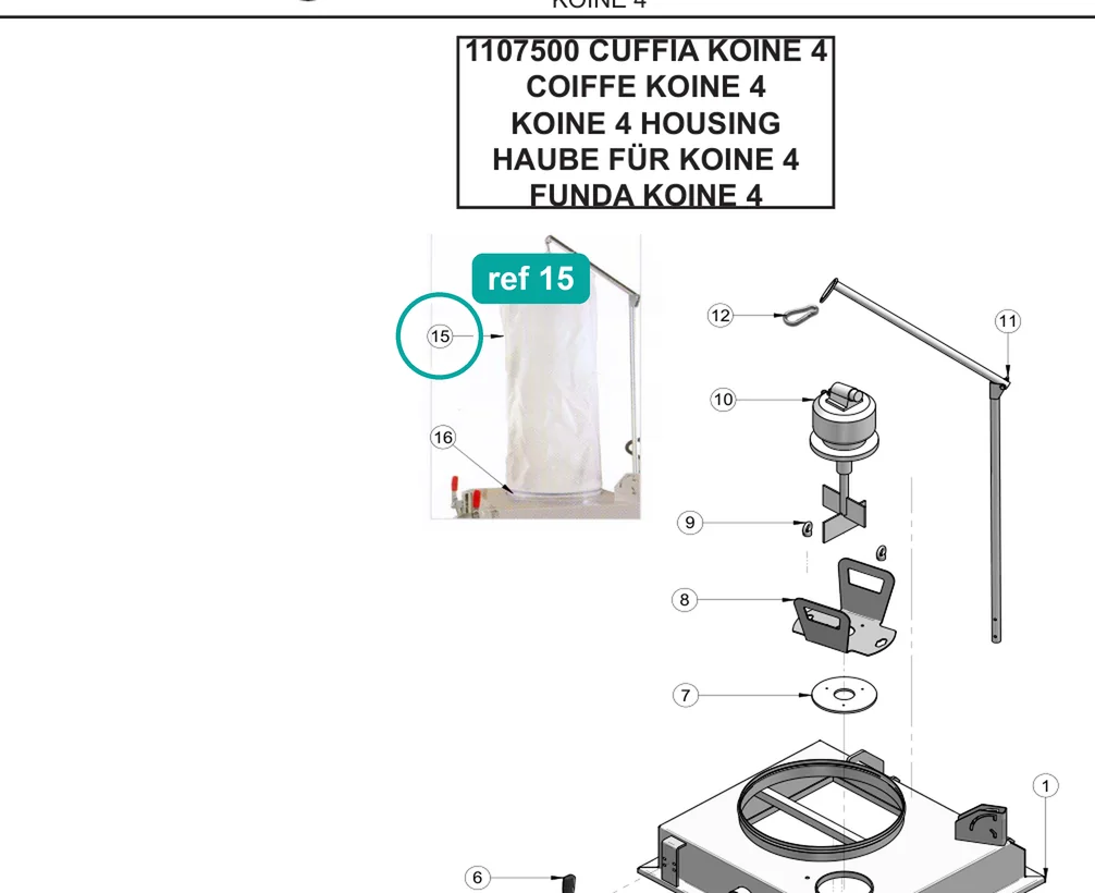 Housing filter (ref 15) highlighted on an IMER parts-book drawing – part 3226562