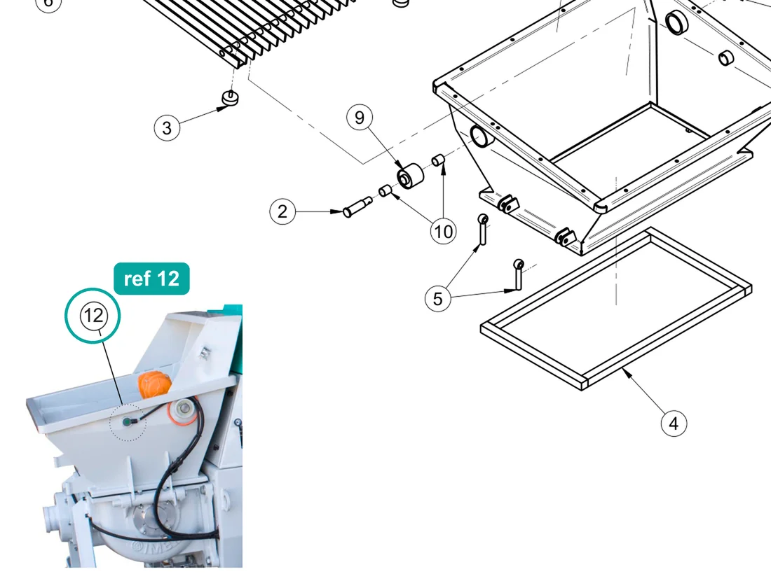 Magnetic sensor (ref 12) highlighted on the IMER Booster 15 parts diagram, Hopper Grille and Vibrator – part 3226898