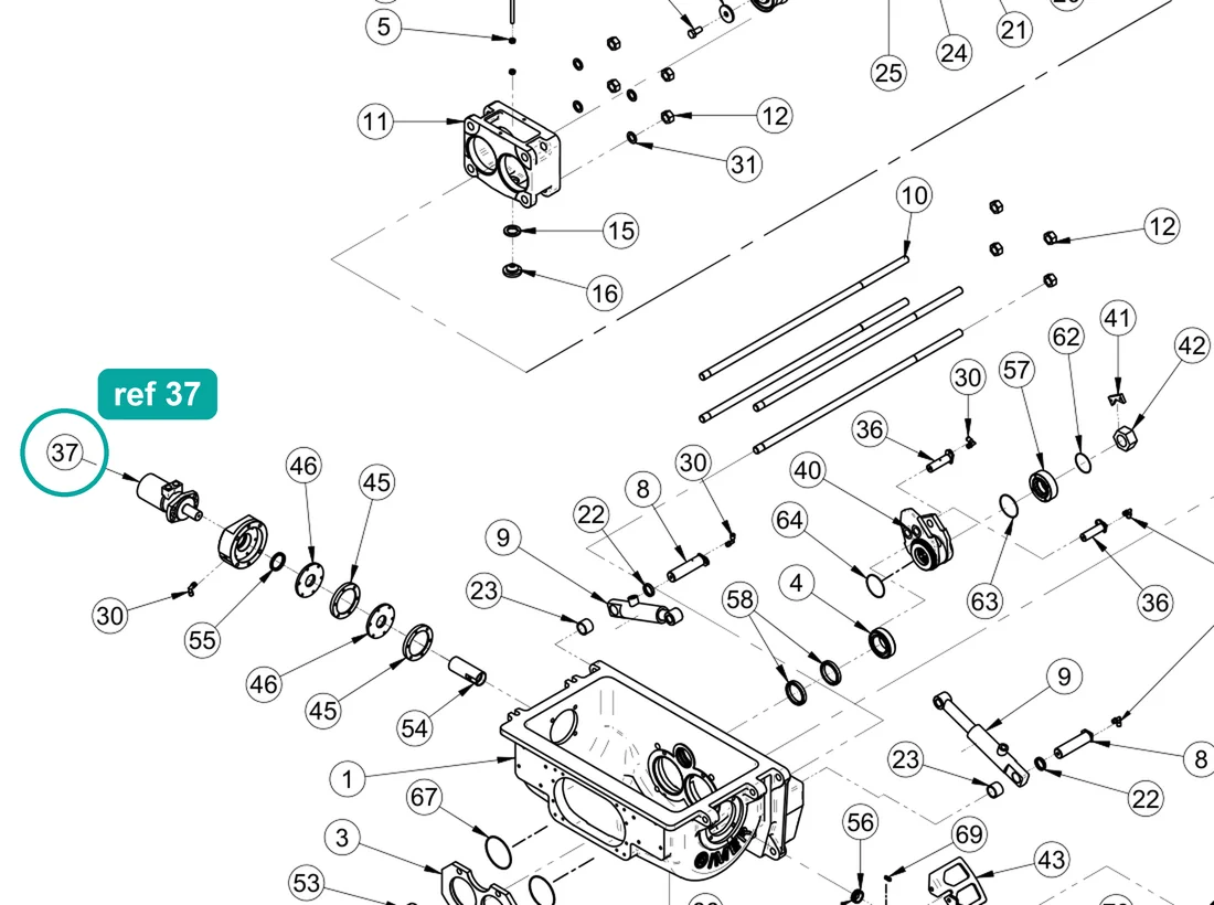 Hydraulic motor (ref 37) highlighted on the IMER Booster 15 parts diagram, Pumping Group and Hopper – part 3227146