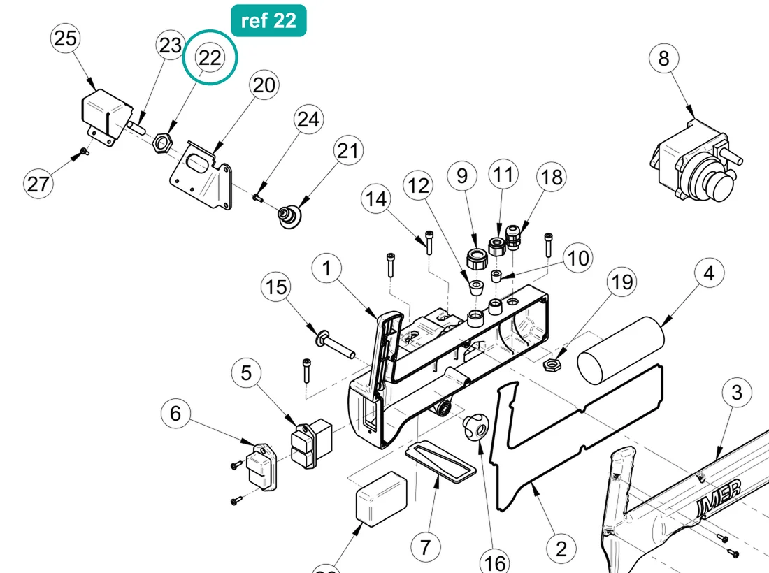 Cable gland nut M20×1.5 (ref 22) highlighted on an IMER parts-book drawing – part 3227489