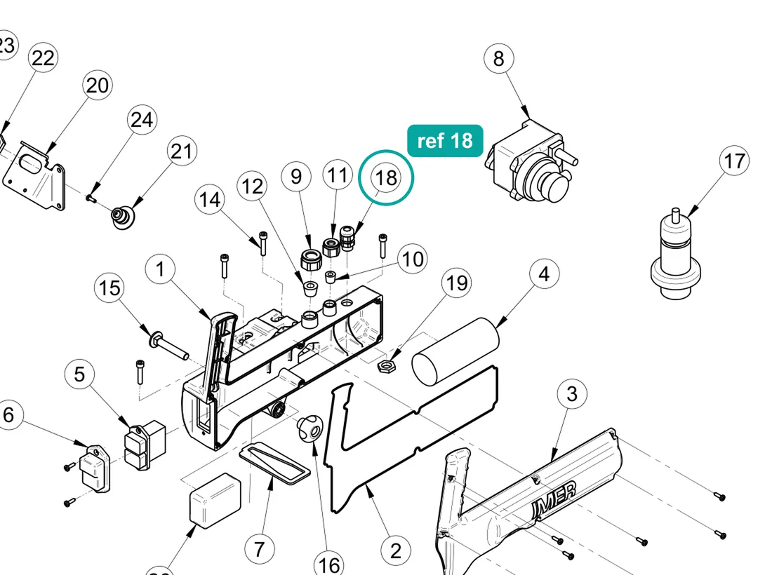 Cable clamp PG 9 (ref 18) highlighted on an IMER parts-book drawing – part 3227508