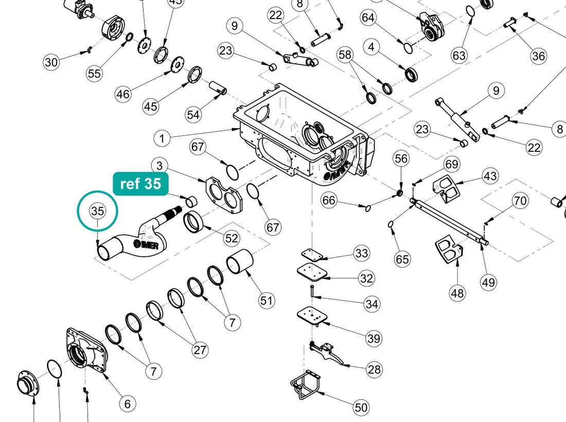 "s" exhaust pipe (ref 35) highlighted on the IMER Booster 15 parts diagram, Pumping Group and Hopper – part 3227567