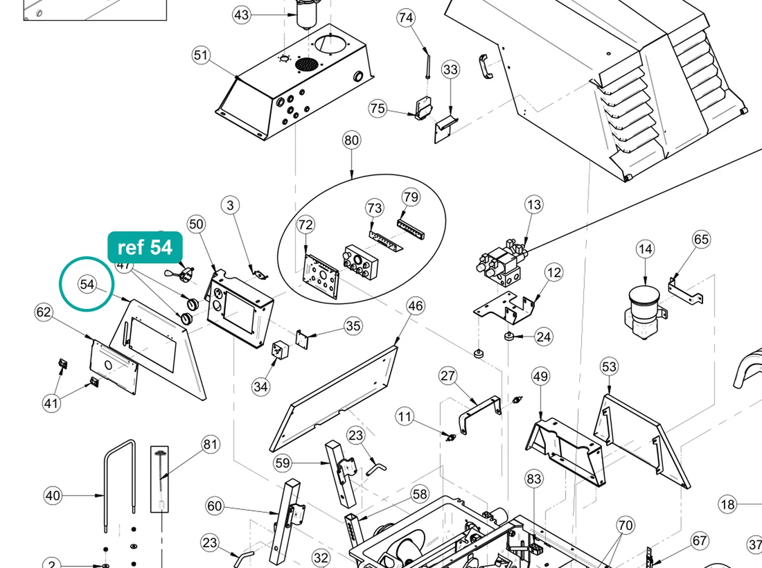 Panel right, ref 54, on the IMER Booster 15 drawing