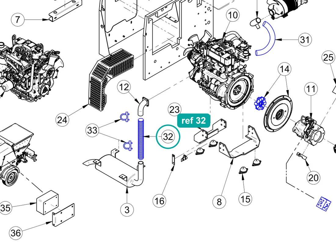 Silencer pipe (ref 32) highlighted on the IMER Booster 15 parts diagram, Engine and Hydraulic Pump Assembly – part 3227629