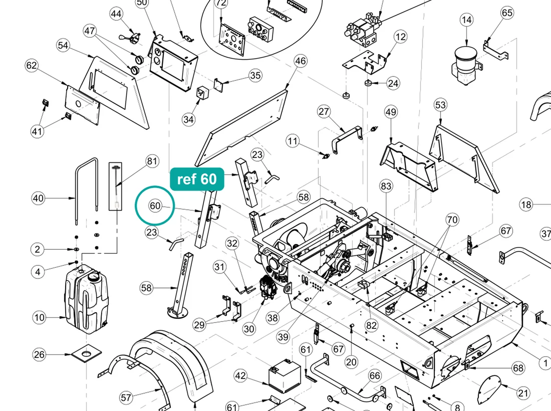 Foot support right (ref 60) highlighted on the IMER Booster 15 parts diagram, Machine Frame and Bodywork – part 3227817