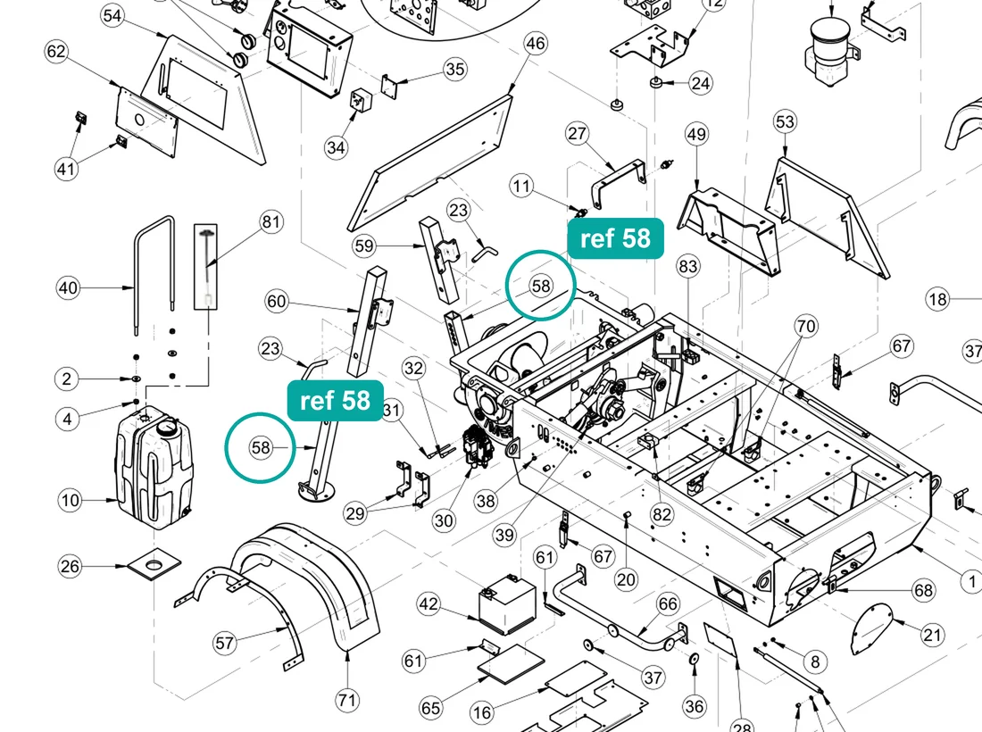 Foot (ref 58) highlighted on the IMER Booster 15 parts diagram, Machine Frame and Bodywork – part 3227822