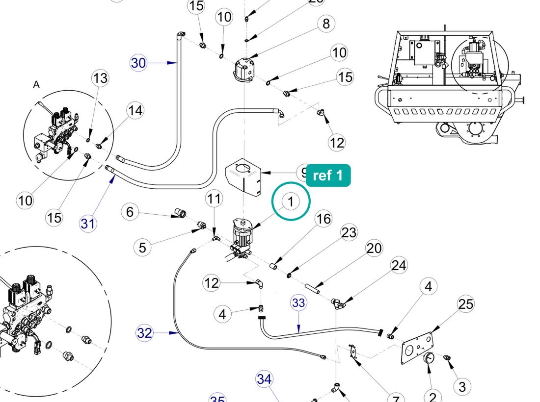 Pressure water cleaner pump (ref 1) highlighted on the IMER Prestige 300 parts diagram, Water Cleaner Pump Kit (1107208) – part 3228065