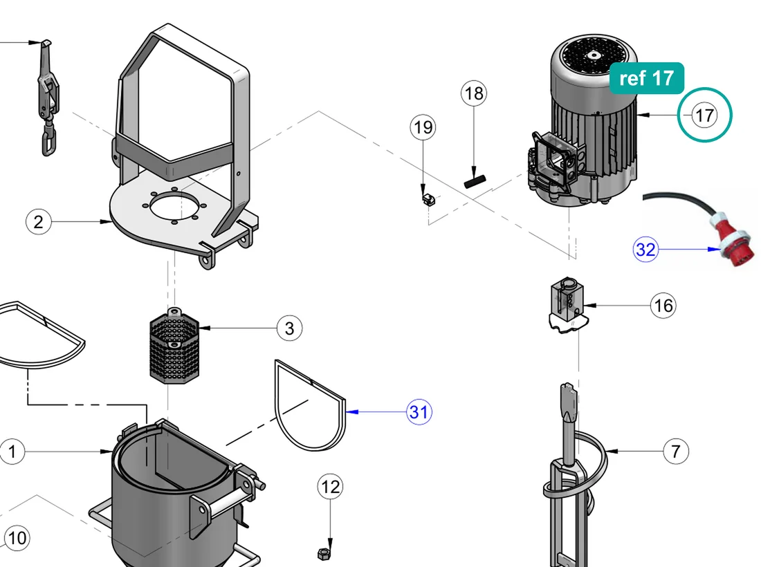 Mixer gearmotor 400V 50Hz (ref 17) highlighted on the IMER Koine 4 parts diagram, Mixing Chamber – part 3228422