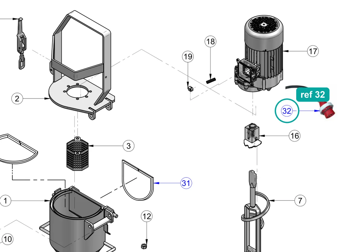 Power cable (ref 32) highlighted on the IMER Koine 4 parts diagram, Mixing Chamber – part 3228574