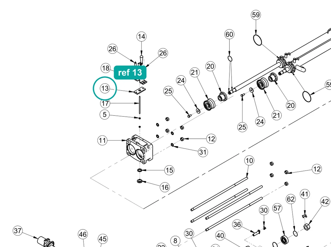 Closure support (ref 13) highlighted on the IMER Booster 15 parts diagram, Pumping Group and Hopper – part 3228798