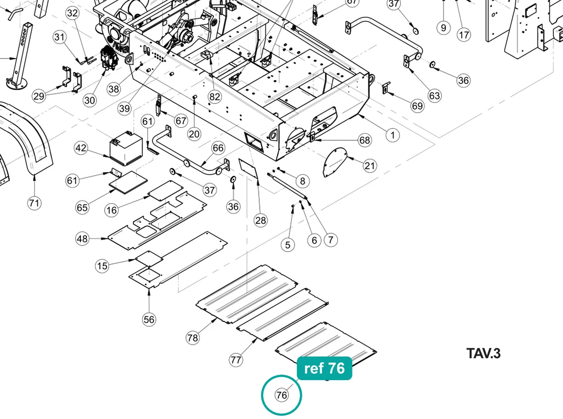 Casing (ref 76) highlighted on the IMER Booster 15 parts diagram, Machine Frame and Bodywork – part 3228851