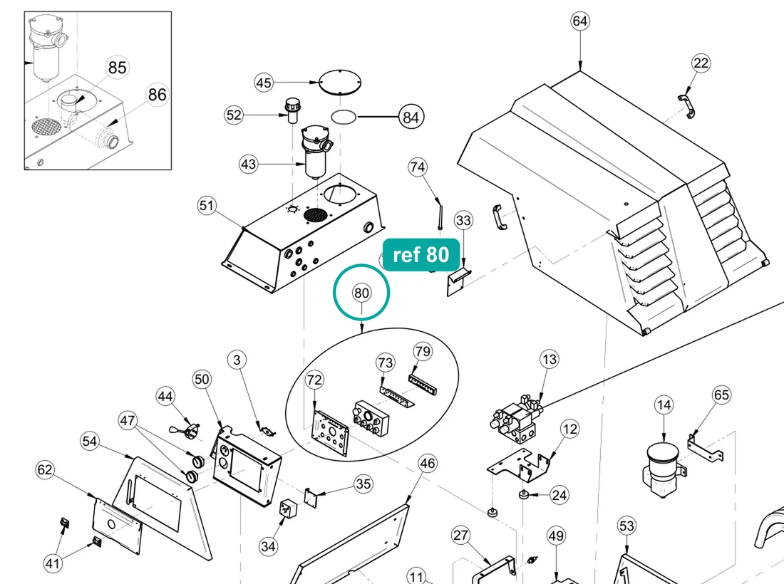 Electrical panel (ref 80) highlighted on the IMER Booster 15 parts diagram, Machine Frame and Bodywork – part 3228879