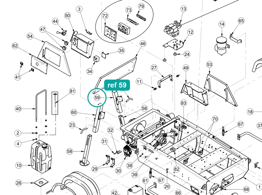 Foot support left (ref 59) highlighted on the IMER Booster 15 parts diagram, Machine Frame and Bodywork – part 3228905