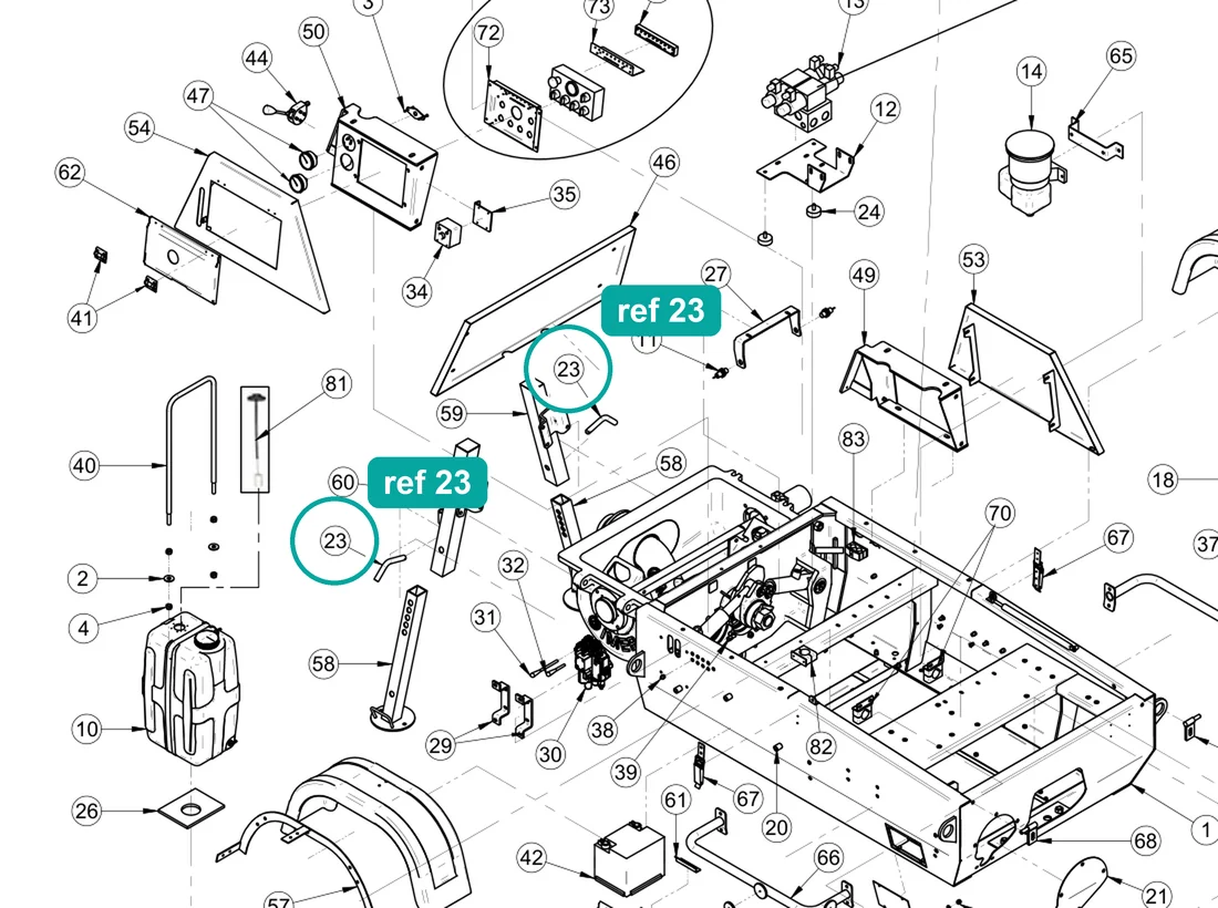 Pin (ref 23) highlighted on the IMER Booster 15 parts diagram, Machine Frame and Bodywork – part 3228906