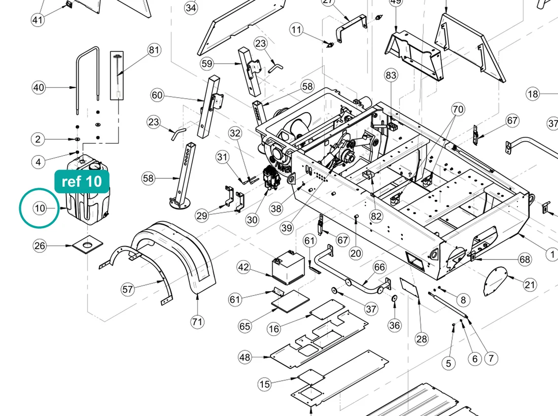 Diesel tank (ref 10) highlighted on the IMER Booster 15 parts diagram, Machine Frame and Bodywork – part 3228920