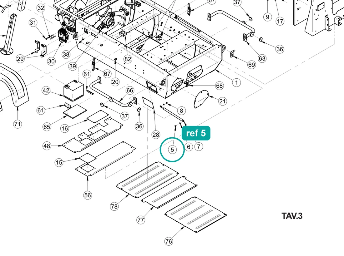 Spacer (ref 5) highlighted on the IMER Booster 15 parts diagram, Machine Frame and Bodywork – part 3228922