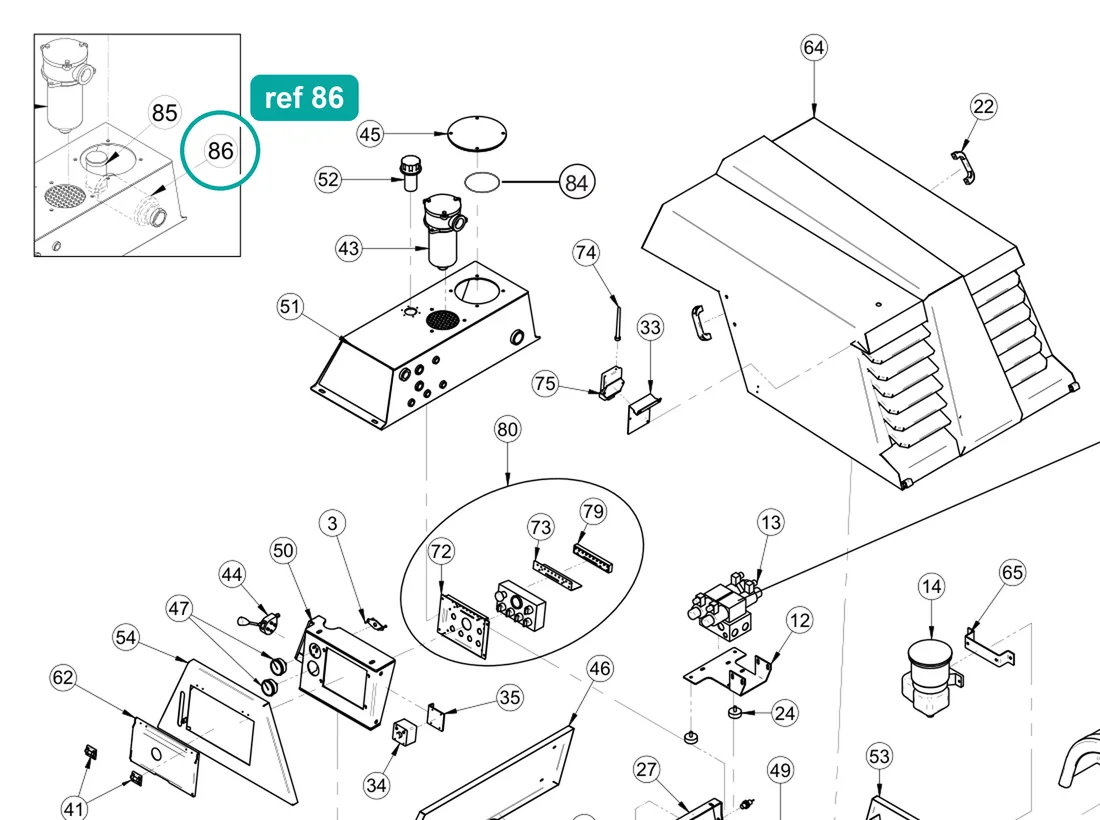 Suction filter (ref 86) highlighted on the IMER Booster 15 parts diagram, Machine Frame and Bodywork – part 3228927