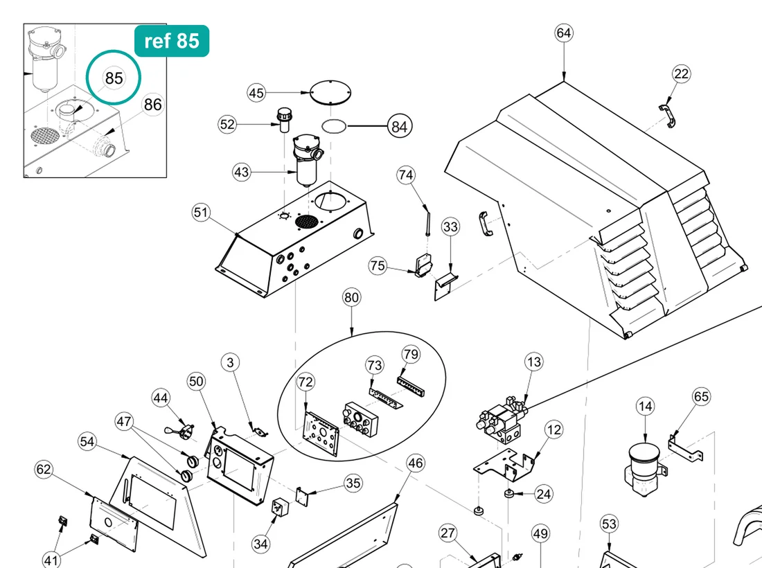 Suction filter (ref 85) highlighted on the IMER Booster 15 parts diagram, Machine Frame and Bodywork – part 3228928