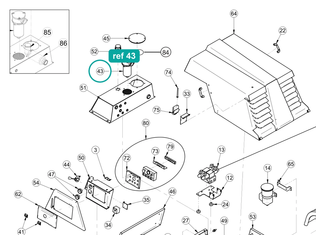Return filter (ref 43) highlighted on the IMER Booster 15 parts diagram, Machine Frame and Bodywork – part 3228929