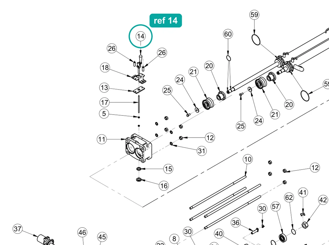 Cooling tank closure (ref 14) highlighted on the IMER Booster 15 parts diagram, Pumping Group and Hopper – part 3228977