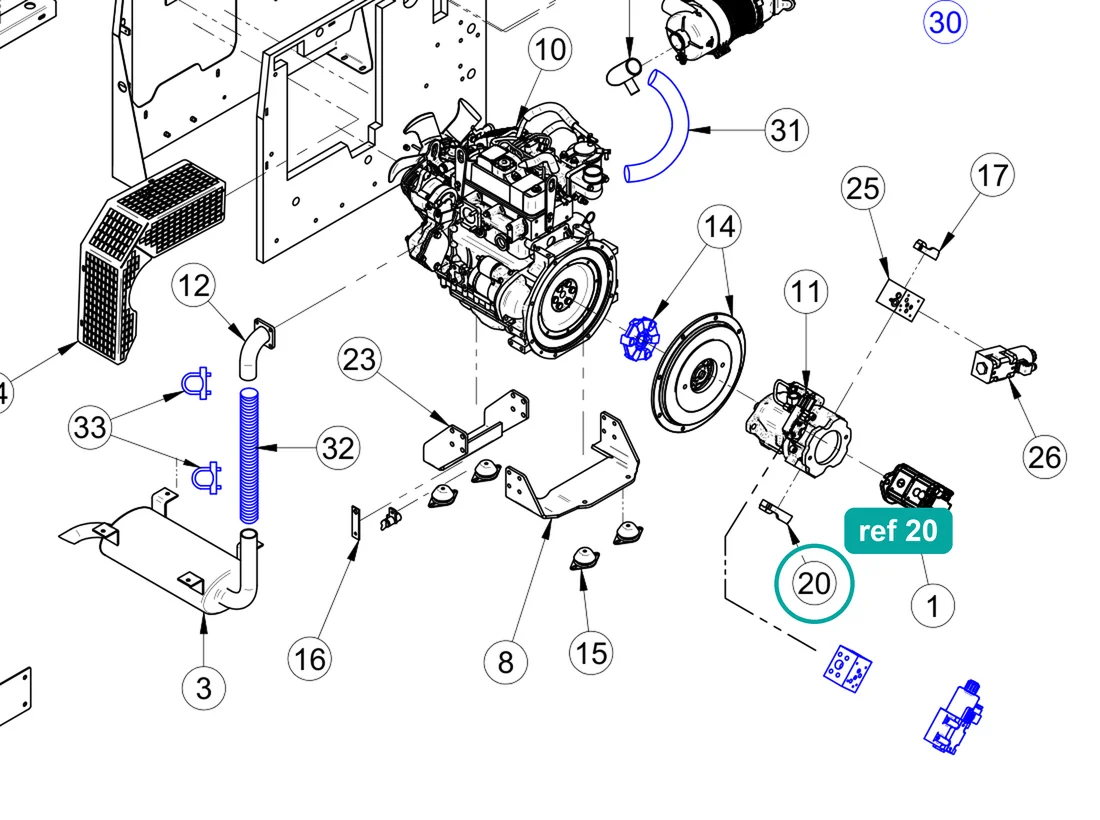 Split flange SAE SFS3 1-1/2" (ref 20) highlighted on the IMER Booster 15 parts diagram, Engine and Hydraulic Pump Assembly – part 3228991
