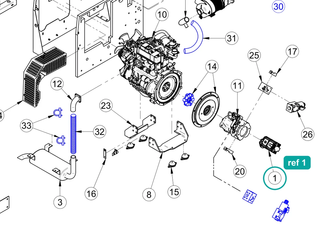Gear pump (ref 1) highlighted on the IMER Booster 15 parts diagram, Engine and Hydraulic Pump Assembly – part 3229033