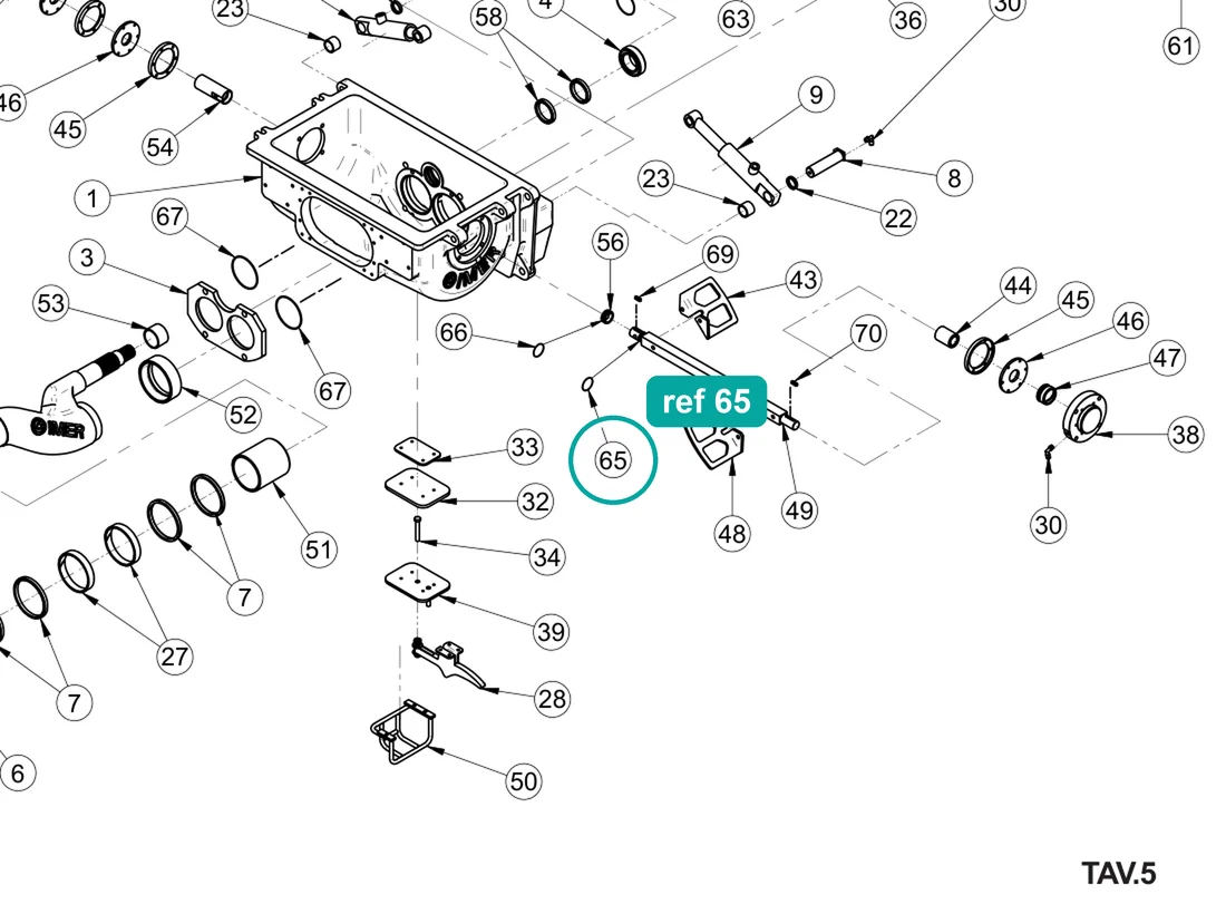 O-Ring 28×3 (ref 65) highlighted on the IMER Booster 15 parts diagram, Pumping Group and Hopper – part 3229042