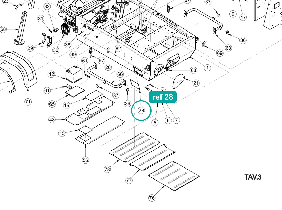 Cover (ref 28) highlighted on the IMER Booster 15 parts diagram, Machine Frame and Bodywork – part 3229164