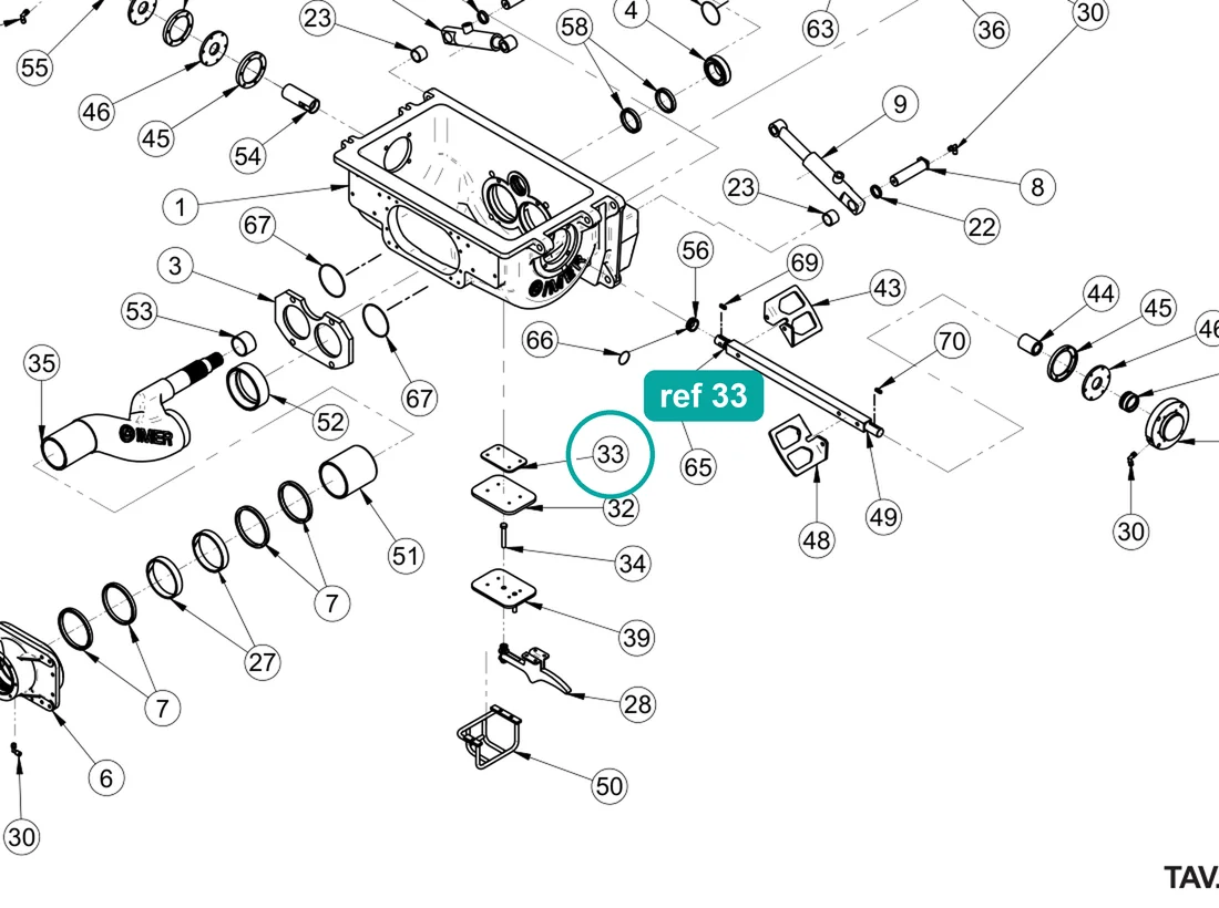 Seal guard (ref 33) highlighted on the IMER Booster 15 parts diagram, Pumping Group and Hopper – part 3229327
