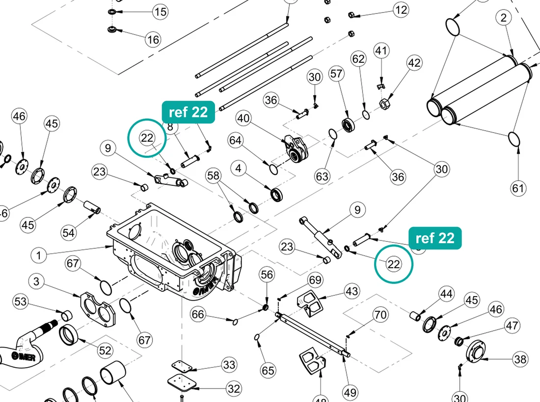 Spacer 35×43×31 (ref 22) highlighted on the IMER Booster 15 parts diagram, Pumping Group and Hopper – part 3229354